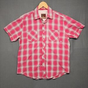 EQ Shirt Mens Large Pink Plaid Short Sleeve Button Up 100% Cotton Western Pocket